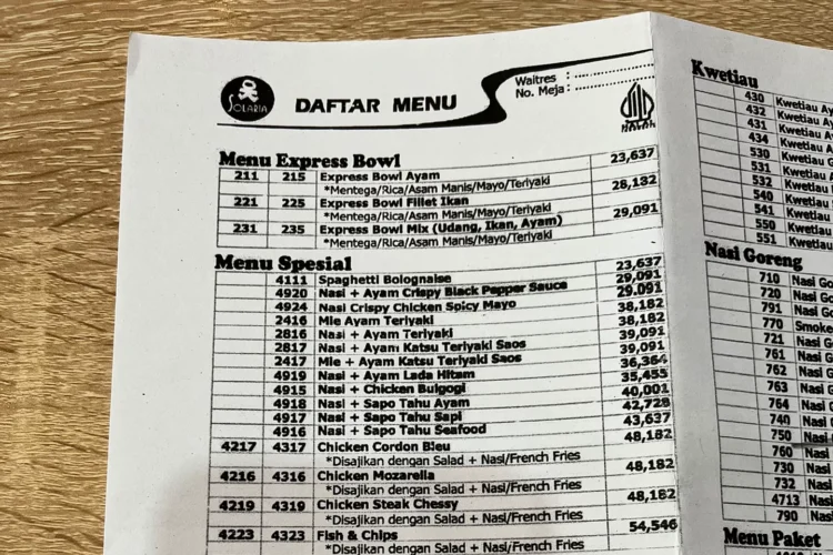 Harga Menu Solaria