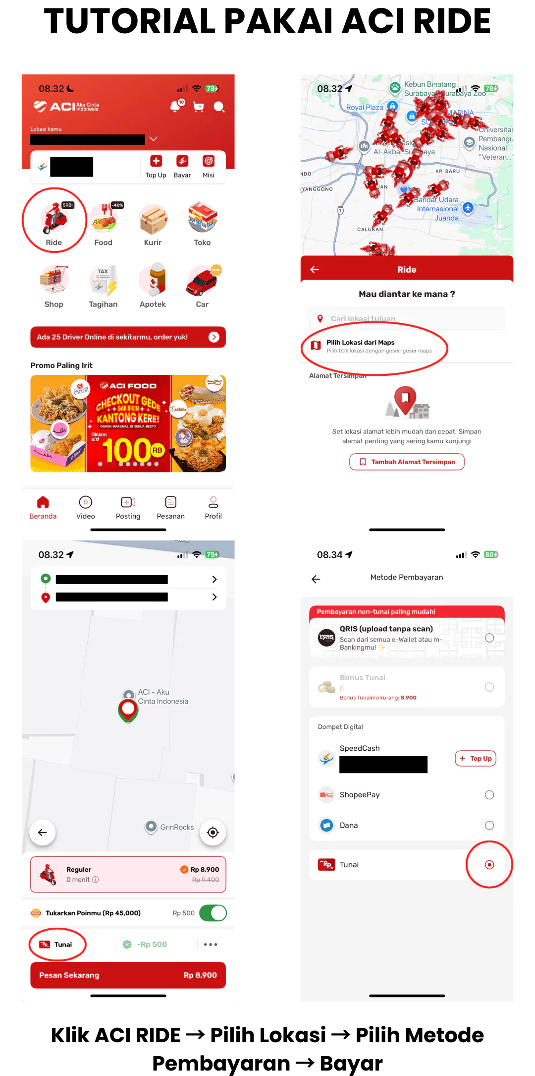 Tutorial pesan driver ojol dengan ACI RIDE