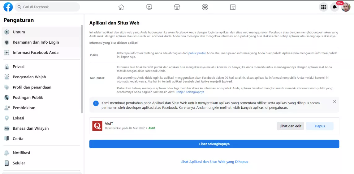Cara hapus akses ACI dari Facebook